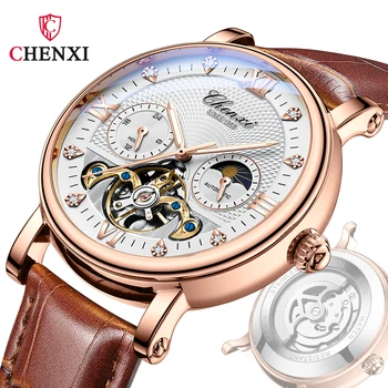 Мъжки часовник CHENXI Фаза на Луната, автоматични механични часовници с турбийоном, мъжки луксозни модерни Водоустойчиви Спортни Светлинен часовник