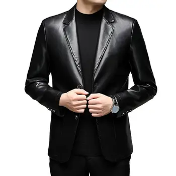 Мъжко яке от плат premium, стилен яка с ревери, мъжко яке, копчета за копчета палто от изкуствена кожа с джобове за бизнеса на открито