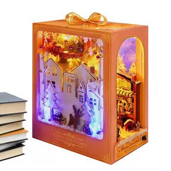 Направи си САМ Book Nook Kit Декоративна Етажерка Кът да САМ Дървени Поставки За Книги 3D Модел на Дървена куклена Къща Играчка Миниатюрен Книжен Кът За Коледа