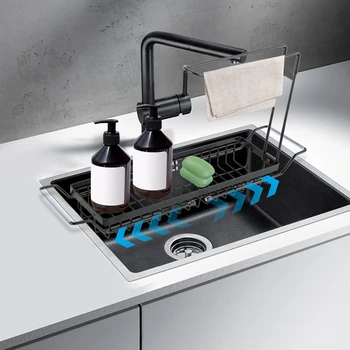 Органайзер за мивки Телескопична органайзер за кухненска мивка с държач за кърпи и гъби за кухненски мивки