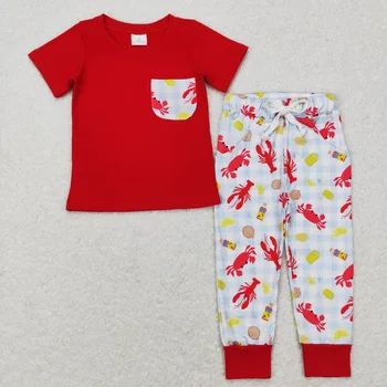 Продажба на едро, дрехи за малките момчета, Червен памучен тениска с къс ръкав, Детски панталони с джобове под формата на раци, пролетно-есенен комплект за бебета