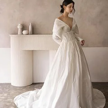 Просто сватбена рокля POMUSE с V-образно деколте, без табли, бална рокля с дължина до пода, сватбената рокля на булката, сшитое на поръчка Vestido De Новия за жени