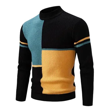 Пуловер контрастни Цветове Мъжки Вязаный Пуловер с дълъг ръкав Homme Модни Пуловери Есен-Зима Пуловер с кръгло деколте Топли дрехи