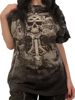 Реколта готическата тениска оверсайз с принтом черепа на Хелоуин за жени - Безплатна тениска-скелет с къс ръкав в уличном стил