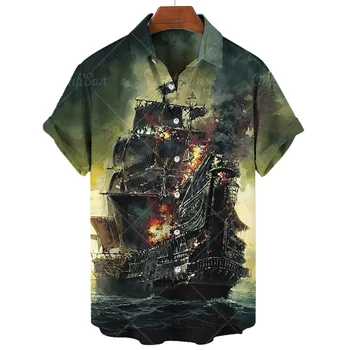 Реколта мъжка риза оверсайз с 3D принтом на Пиратски кораб, висококачествени мъжки дрехи, Ризи с къс ръкав, градинска обзавеждане по хавайска риза