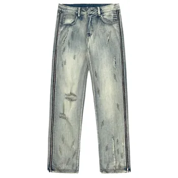 Реколта сини дънки за Мъже Y2K, Обикновена Скъсани прави панталони с джоб копчета, Выстиранные свободни панталони A161