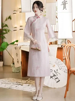 Розова рокля Ципао, съвременно традиционните китайски рокля, Винтажное Елегантна Сладко Младо Коварен, Висококачествена бродерия, Есен-зима 2023