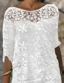 Секси дантелено отворено женствена рокля със средна дължина, с бродерия в стил мозайка, Однотонное памучно семе и лененото рокля трапецовидна форма с V-образно деколте, ежедневното, с къс ръкав, свободно
