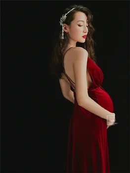 Секси Елегантен реквизит за снимки на бременни Жени, червената рокля за бременни с V-образно деколте и подтяжками, дрехи за бременни с цепка, дрехи за бременни
