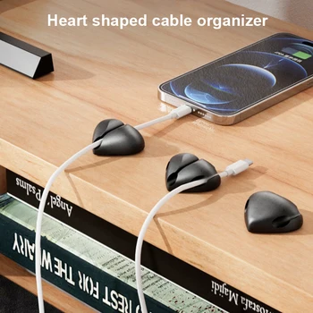 Тенис на силикон Органайзер за навиване на кабела във формата на сърце с 3 дупки, скоба за управление на проводника, за съхранение на USB кабела на мишката, кабел, слушалки