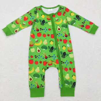 Търговия на едро гореща разпродажба на детски дрехи за новородени с плодови и зеленчукови принтом, зелен гащеризон с цип с дълги ръкави.