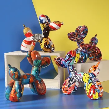 Уникален подарък-скулптура, куче в горещ въздух балон в скандинавски стил ， Цветна статуетка от смола, декор за вашия работен плот, Статуята на домашен интериор
