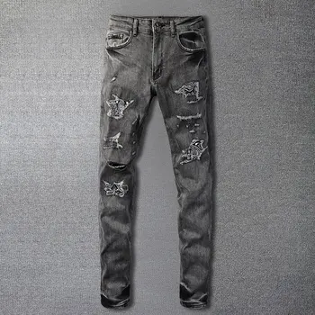 Хип-хоп Скъсани Дизайнерски дънки за мъже, Ретро-дънки с цветя шевове Кашу, Мъжки мотоциклетни панталони, Мъжки пънк-дънки