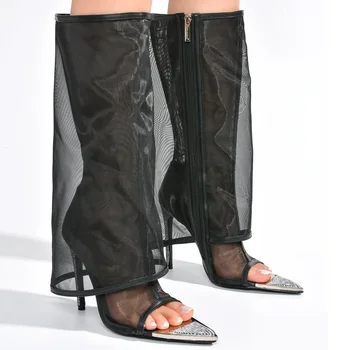 Черни мрежести обувки с високи токчета, дамски летни ботуши на висок ток с отворени пръсти и кристали, дамски обувки с цип в стил пънк-рок, Zapato De Mujer